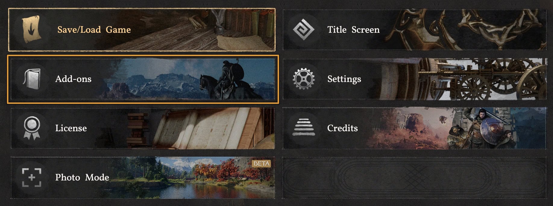 Options Open Add-Ons Menu