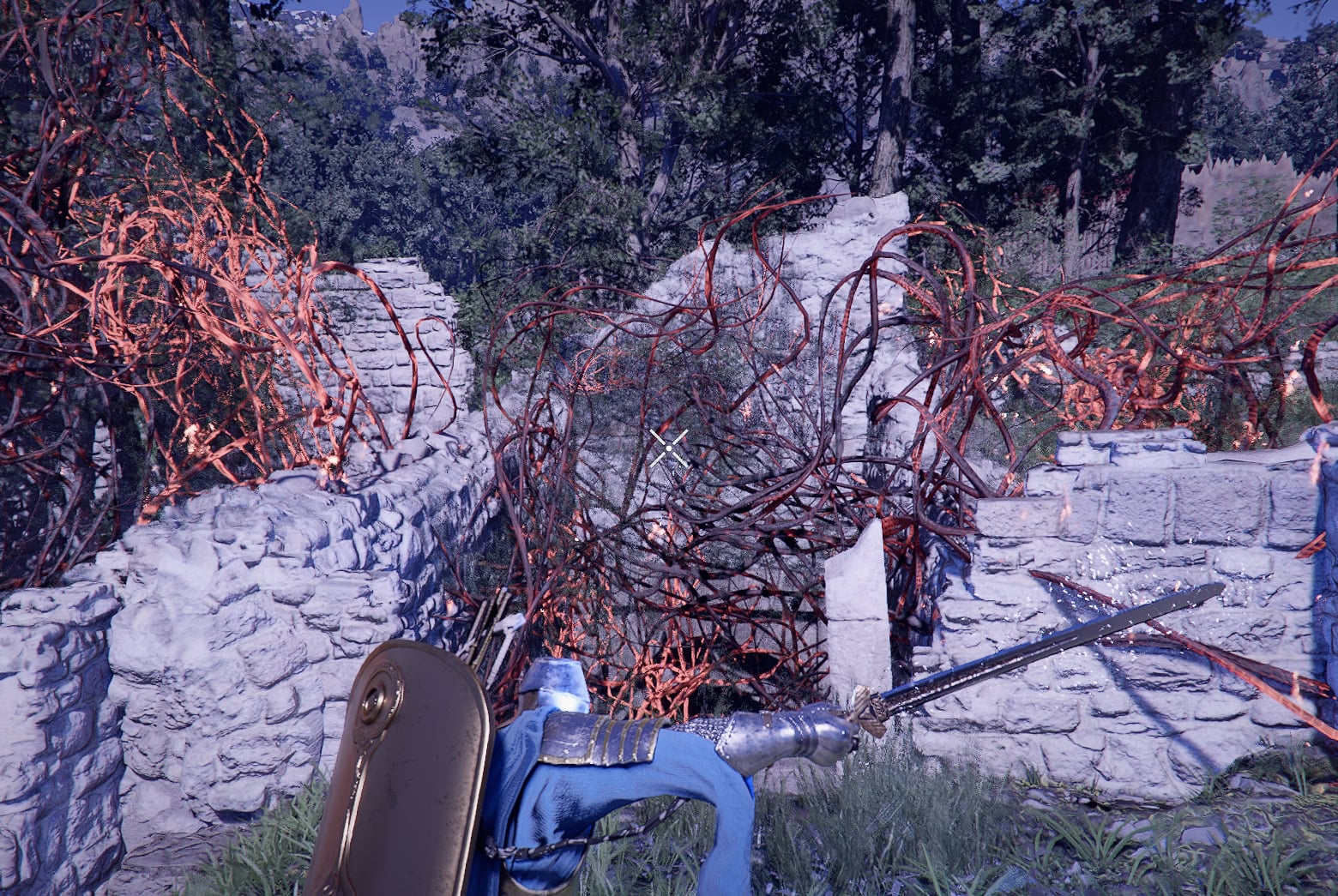 Burning the brambles to reveal the entrance to the underground complex