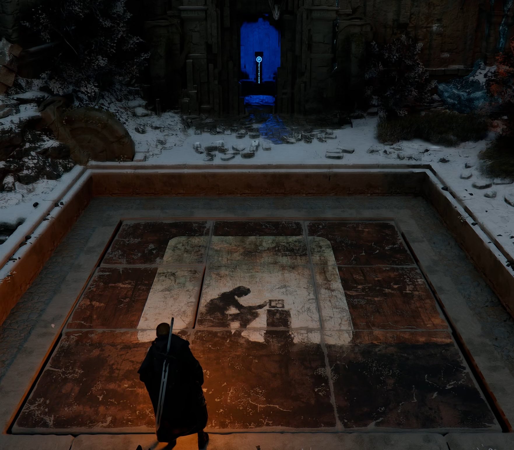 Complete puzzle with human figure kneeling before the Cresset