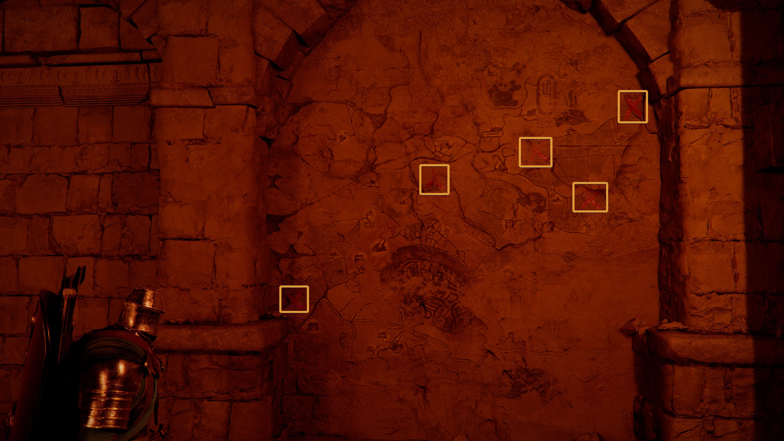 map of Demeniss on the northwest wall with red X's at 5 locations