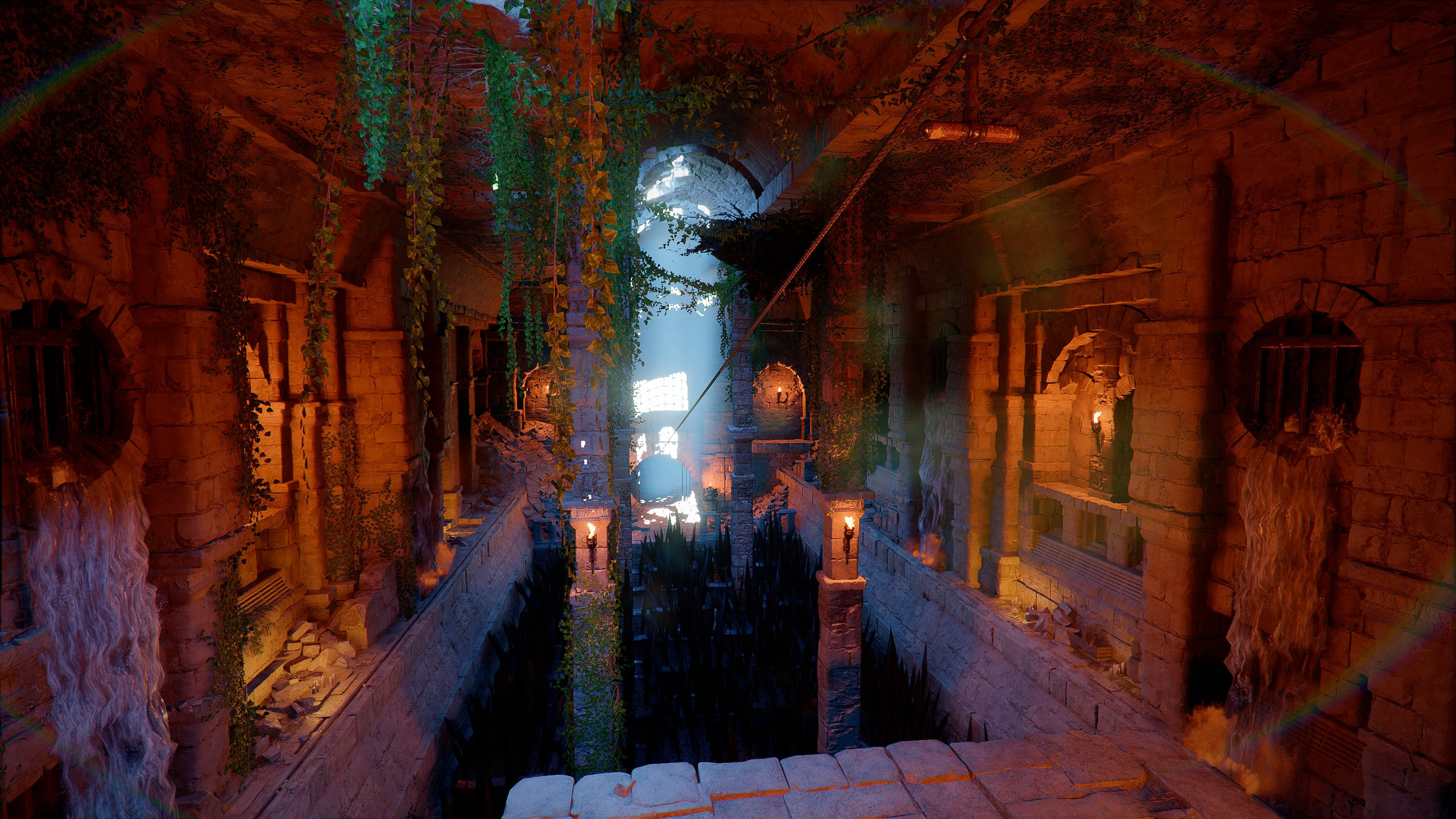 The room with the rope and spikes below it