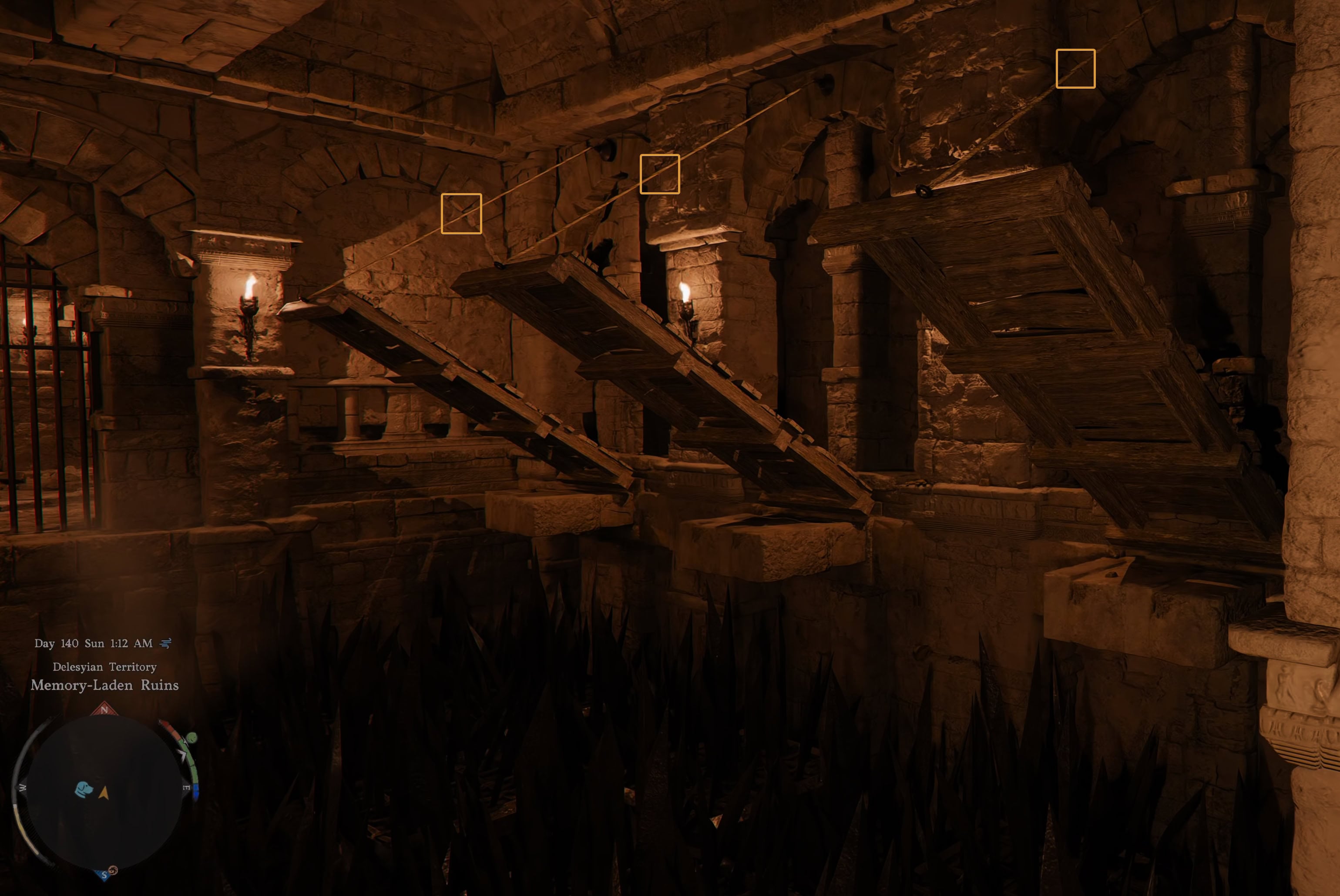 Shoot the ropes to make the platforms drop down