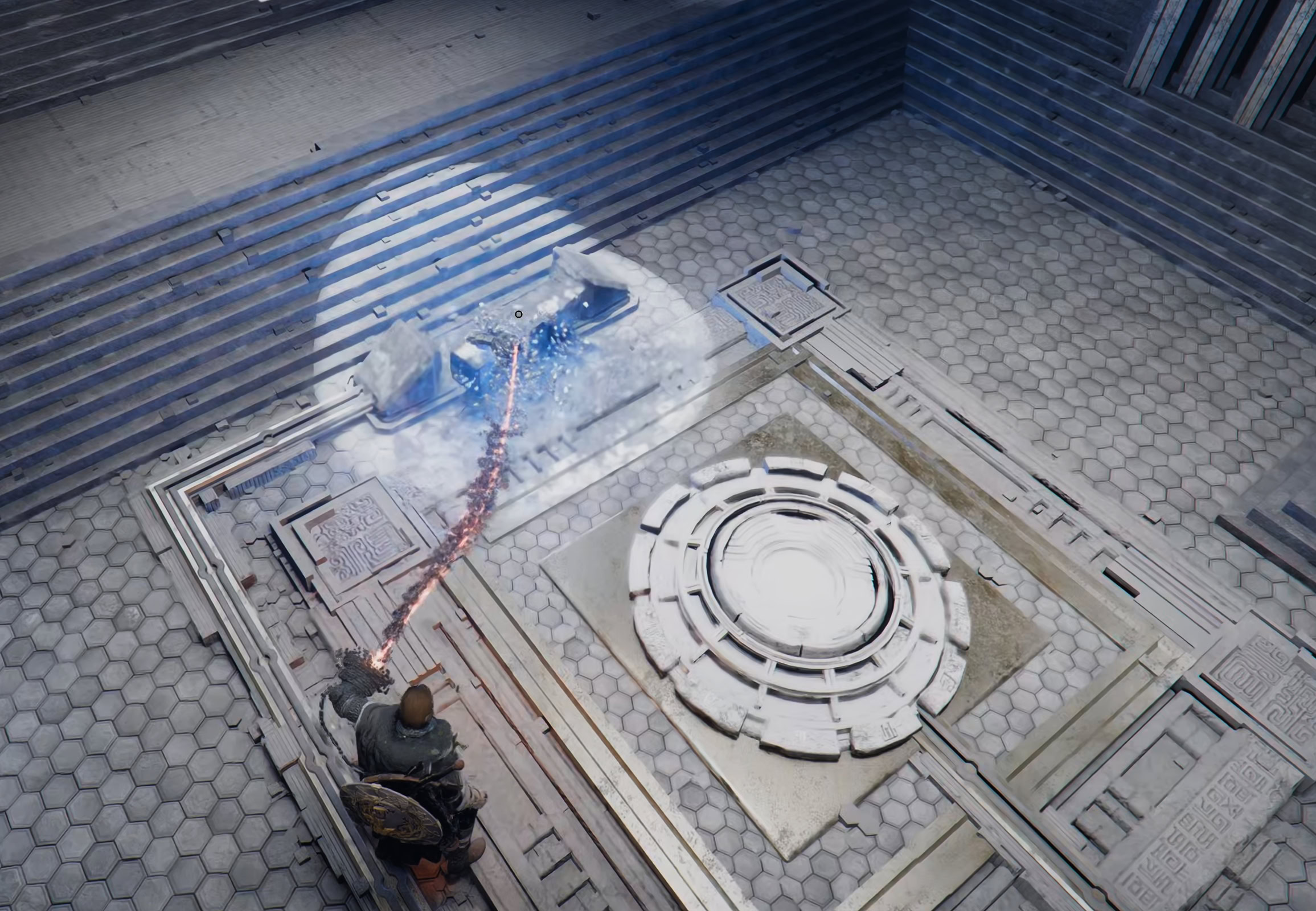 Slot the cuboid power source into the socket next to the teleport