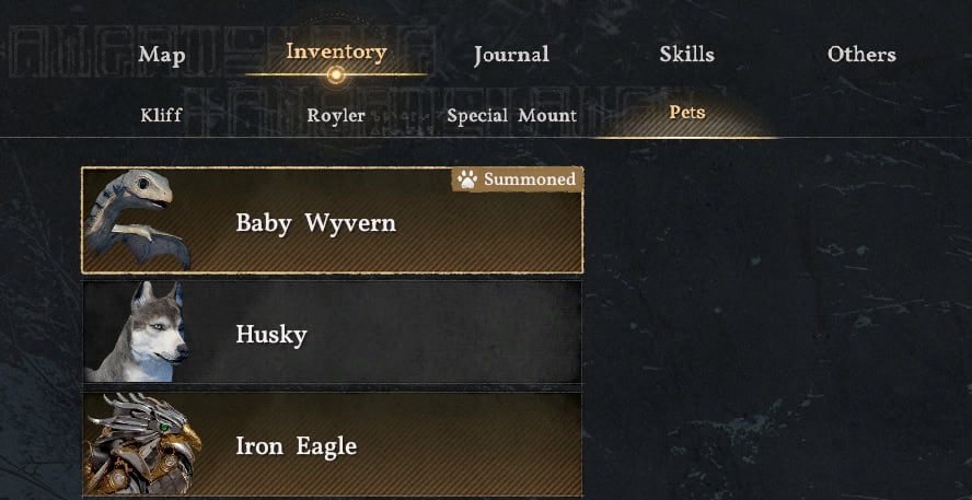 Pets menu in Crimson Desert